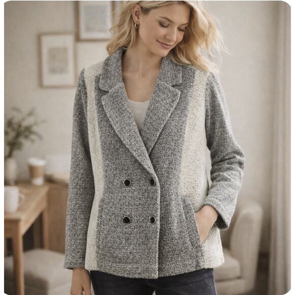 Anthropologie Jackets & Blazers - Anthropologie Saturday Sunday Sz L Knit Blk Gray Color Block Pkts Dbl Brstd Jckt